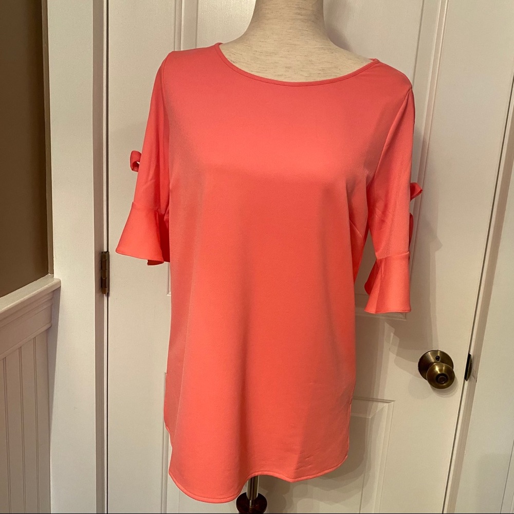 RENUAR TOP BLOUSE TUNIC PINK SALMON SLEEVE TIES Size SMALL S